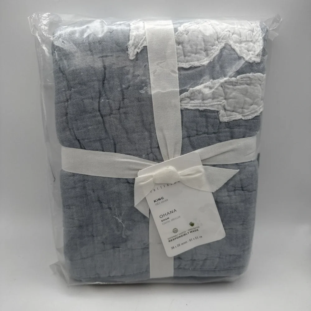 Pottery Barn Ohana King Pillow Sham Chambray Blue Quilted Hawaiian Coastal